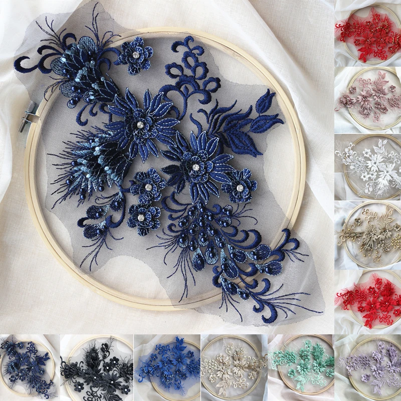 

3d Beaded flower embroidered patch applique for wedding evening dress sewing on vintage clothing decoration patches accessories