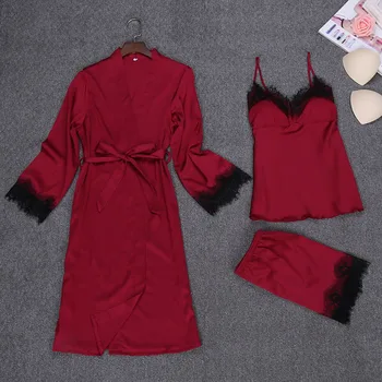 

Sexy Robe Kimono Sleepwear Sets Spring Womens 3 Pieces Strap Top Pants Suit Casual Home Wear Pajamas Nightwear Bath Gown M L XL