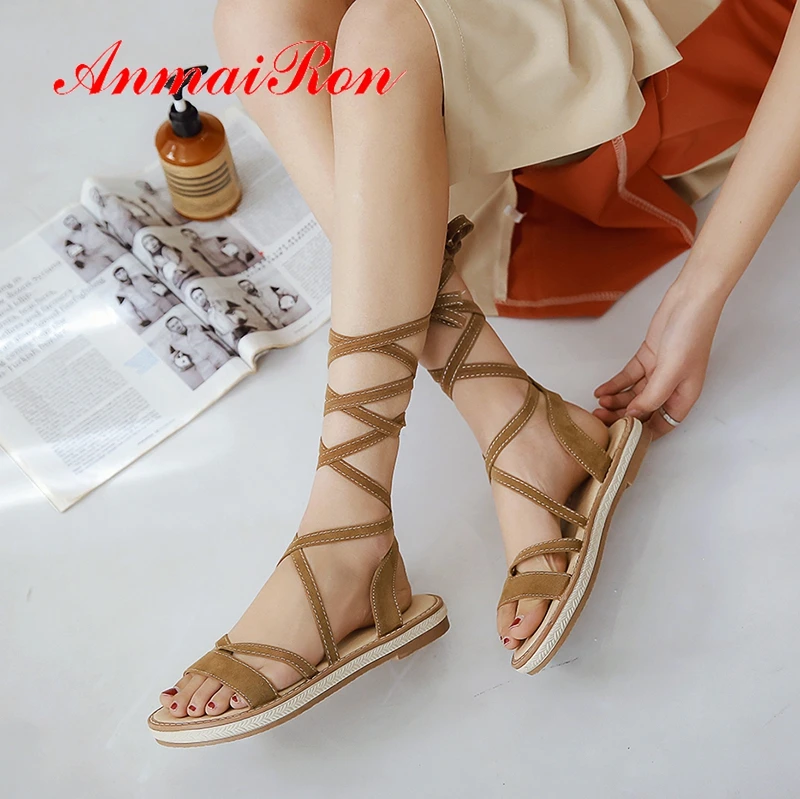 

ANMAIRON New Arrival Flock Gladiator Women Sandals Summer 2019 Casual Lace-Up 3 Colors Solid Sandals Size 34-43 LY1669