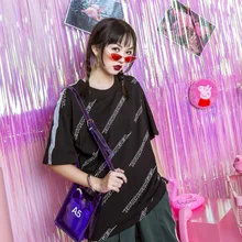 Жасмин летняя high street прилив бренд BF полный письмо с светоотражающие полосы хип-хоп чистый красный пять минут футболка с длинными рукавами