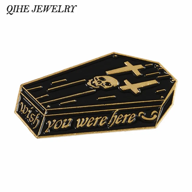 

QIHE JEWELRY Wish you were here Skeleton and coffin Enamel pins Dark Punk Brooches Badges Gothic jewelry Men Women