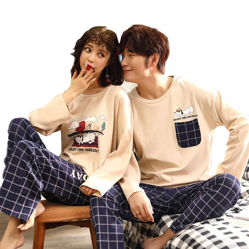 

New Spring 100% Cotton Couple Pajamas Set Cute Cartoon O-neck Long Sleeve Pyjama Winter Pajama For Men And Women