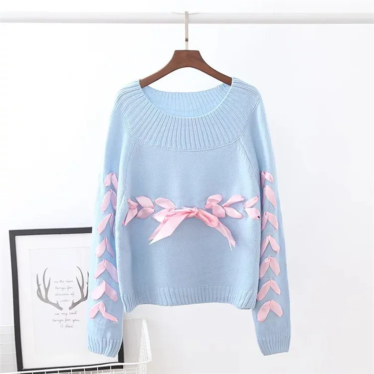 Merry Pretty осень зима женские свитера сестра на шнуровке ленты Элегантный дизайн милые вязаные пуловеры сплошной розовый укороченный свитер - Цвет: Небесно-голубой