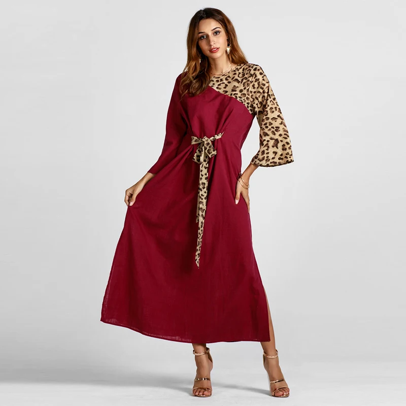 Missjoy леопардовой расцветки с длинными Maxi Dress Vestidos Largos ремень осенние пикантные арабских женщин Абая Ближнего Востока Kuta/Турецкий Исламская одежда