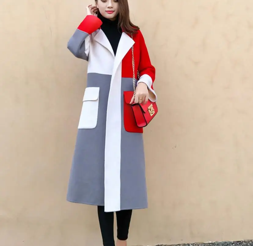 

Spring new elegant contrast color lapels long wool coat women's autumn winter high quality blend long-sleeved blazer outwear