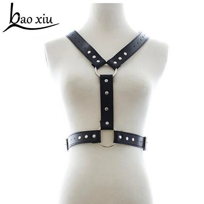 Black Sexy Punk Stud Rivet Real Leather Harness, Halter Bra Frame Top