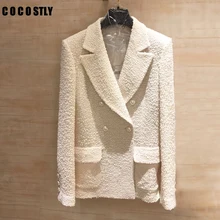 Белый удлиненный твидовый блейзер с воротником-шалькой, офисный Женский блейзер с длинным рукавом и отделкой бисером на пуговицах, женская элегантная верхняя одежда