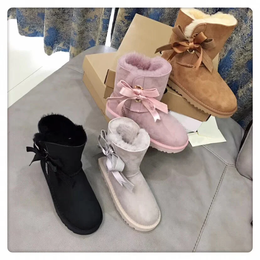 

Kmeioo Women Snow Boots Bowtie Ankle Boots Plush Fur Keep Warm Slip On Flat Shoes Winter Sweet Female Bota