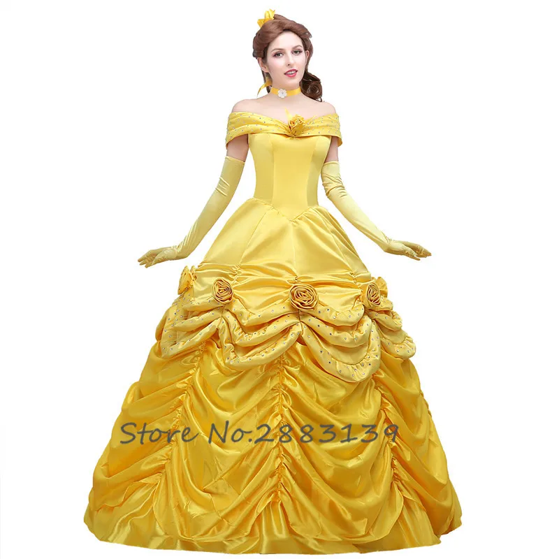 

Movie Beauty and the Beast Princess Belle Cosplay Costume Golden Off Shoulder Dress for women and girls evening costumes