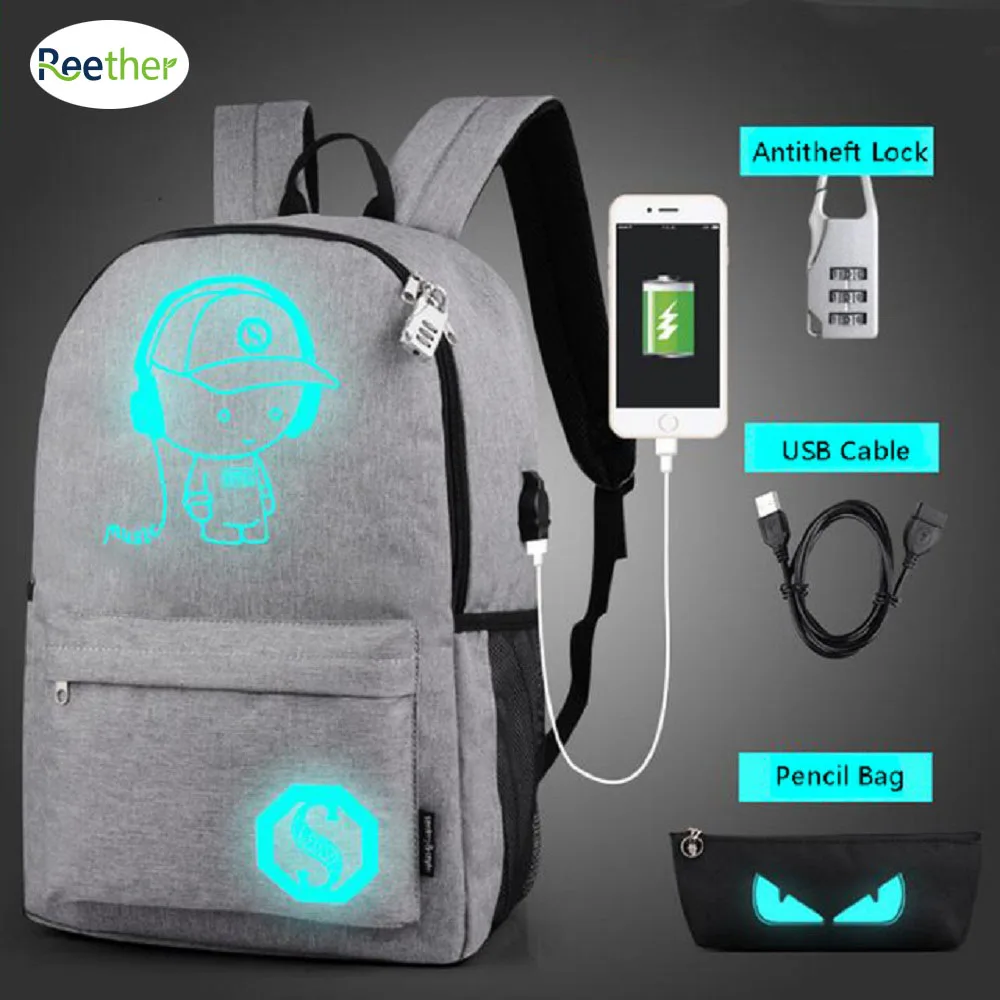 Reether luminoso carga USB estudiante mochilas ordenador resplandor en oscuro del ordenador portátil morral del recorrido Mochila femenina