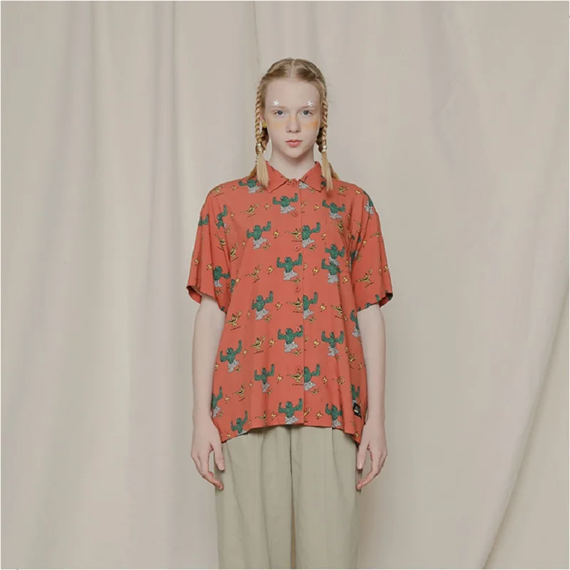 

Fashion Design Women Summer Chiffon Blouse Turn Down Collar Short Sleeve Cartoon Printed Ladies BF Shirt Tops