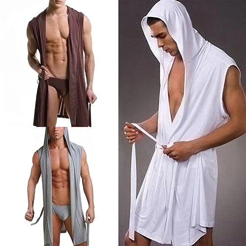 Модные для мужчин пикантные летние без рукавов пижамы Халат с капюшоном халат повседневные пижамы