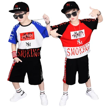 

Big Boy's Summer Set Letters Print Color Patchwork Loose Fit T-shirts+Shorts 2PCS Clothing Sets Fashion Kids Street Dancer Sets