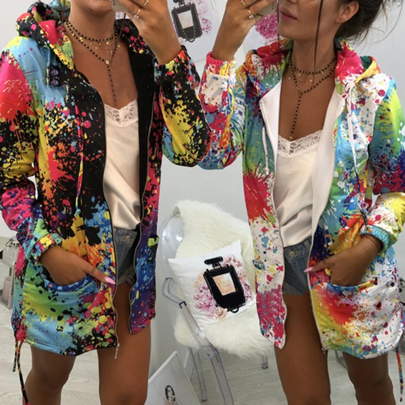 Women Autumn Winter Plus Size Printed Jacket Female Hooded Cashmere Cardigan Sweater Hoodies Coat Ladies Zipper Fashion Tops