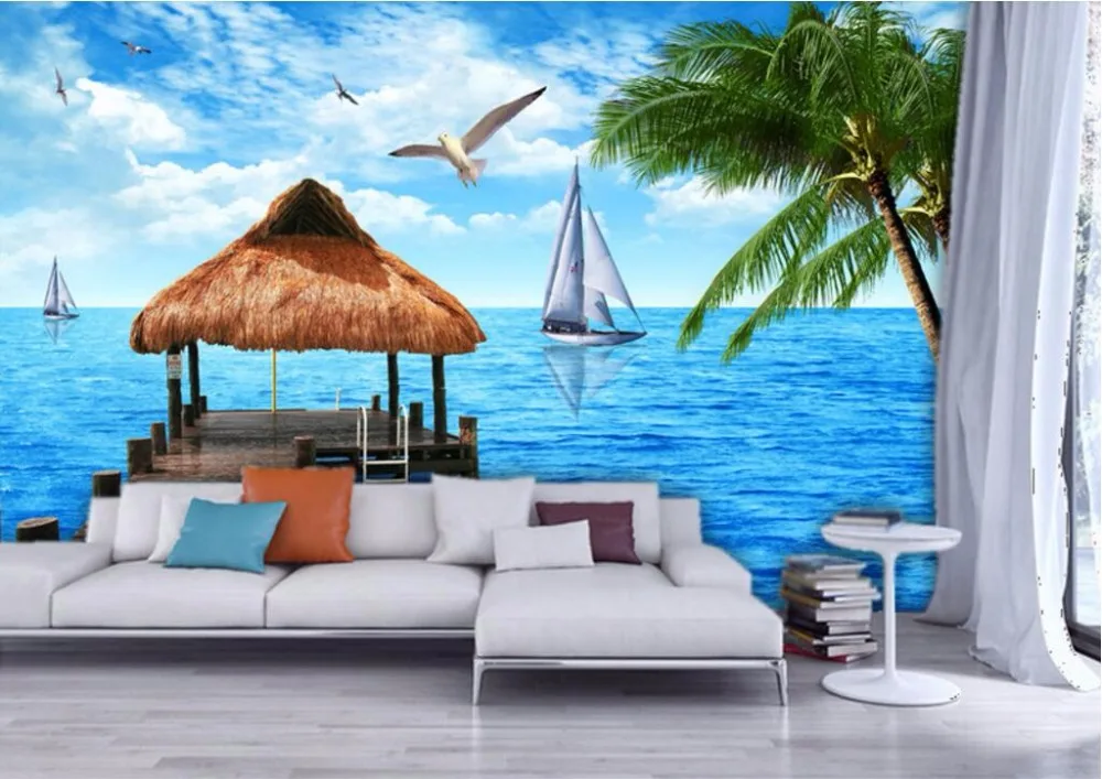 Custom muurschildering 3d foto behang Vakantie strand TV