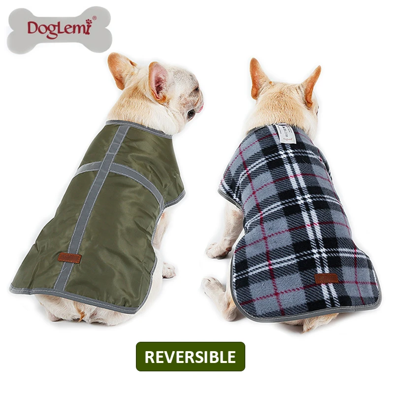 Extra Small Dog Jacket XS Dog Coat and White Plaid Fleece with Charcoal Gray Fleece Lining Gray Blue