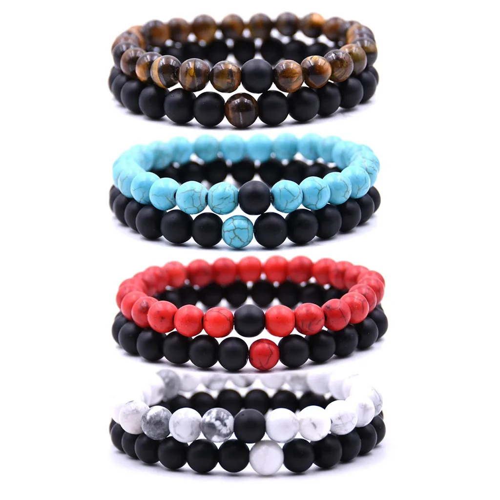 

Men Women Fashion Natural Stone Charm Bracelets pearl 2Pcs 8mm Lava Rock Chakra Beads Elastic Bracelet @SZ