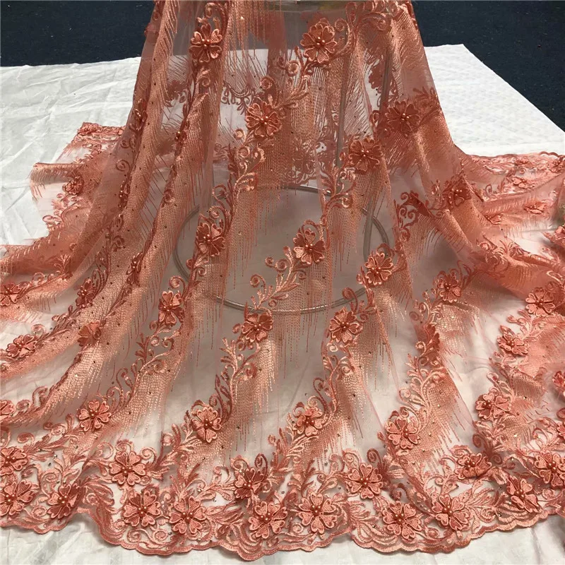 

2019 New style peach color French net lace fabric 3D flower African tulle mesh lace fabric high quality african lace fabric