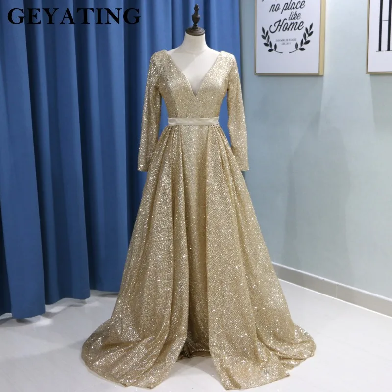 Arabische Vrouwen Lange Avondjurken met Lange Mouwen V-hals Sparkly Gold Sequin Afneembare Rok Prom Jurken Dubai Kaftan Formele Arabische Vrouwen Lange Avondjurken met Lange Mouwen V-hals Sparkly Gold Sequin Afneembare Rok Prom Jurken Dubai Kaftan Formele
