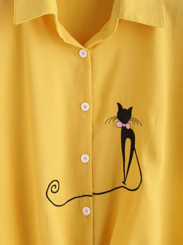 Летняя женская повседневная бандажная рубашка из полиэстера с коротким рукавом и принтом кота, женская летняя блузка N30