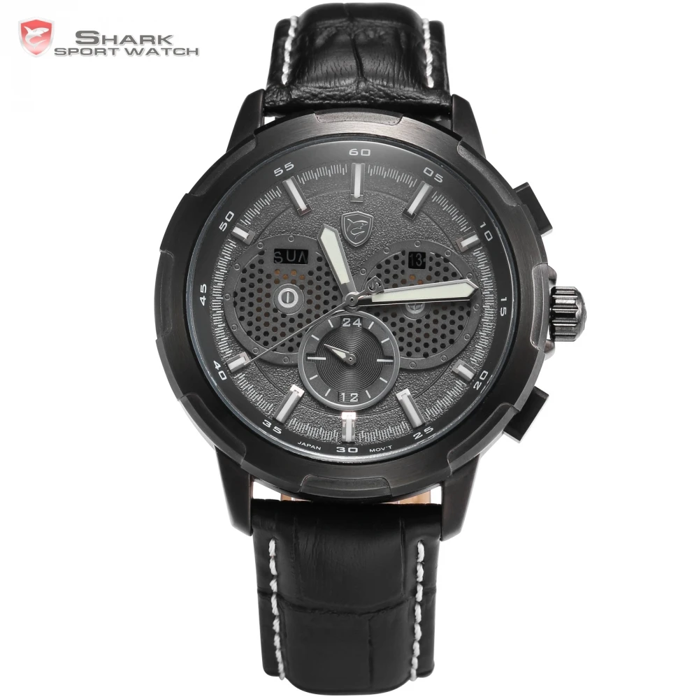

Shark Sport Watch Waterproof Date display Fashion Male Clock Tag Black Leather Band Analog White 6 Hands Military Watch / SH359