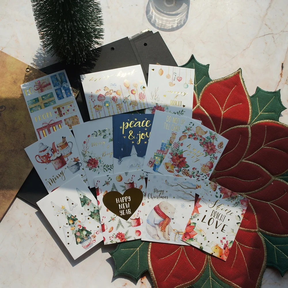 

10*7.5cm 12pcs Christmas Gold Early Morning Design Card Gift Christmas Tree Greeting Cards Gift Cards Party Invitation