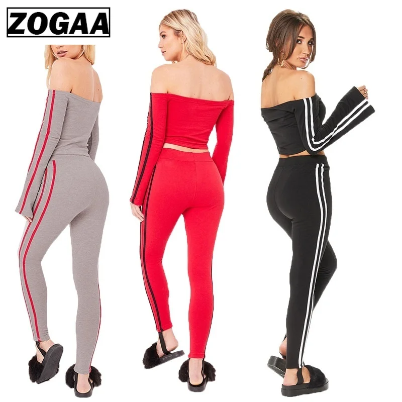

ZOGAA Women Sets 2019 Sexy Off Shoulder Two Pieces Casual Tracksuit Side-striped Crop Tops Ankle-length Pants Sportwear Set S-XL