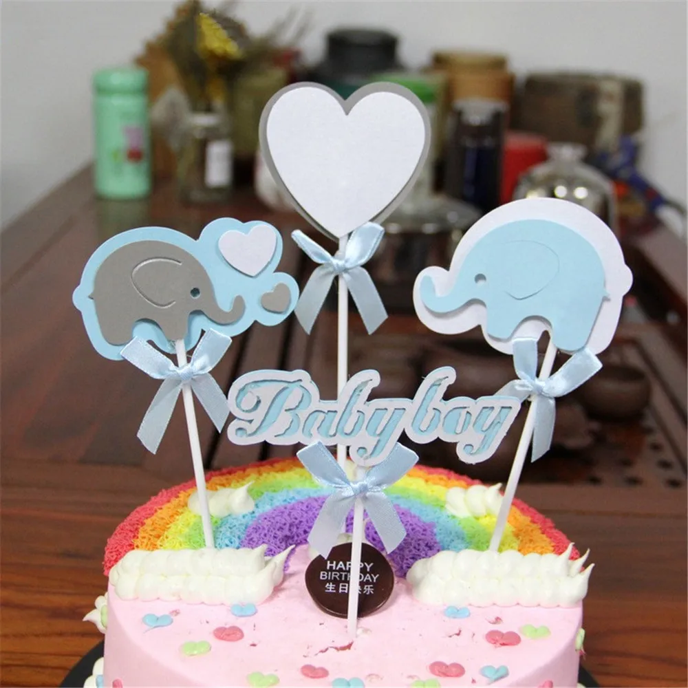 CRLEY 4 шт. топперы для торта baby shower Для мальчиков и девочек 1st день рождения торт Топпер синий розовый слон сердце бантик индивидуальный дизайн Топ
