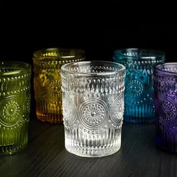 

Retro Engraving Glass Round Small Sun Flower Emboss Juice Glasses Transparent Zakka Milk Cup 300ML High Quality Hand Blown
