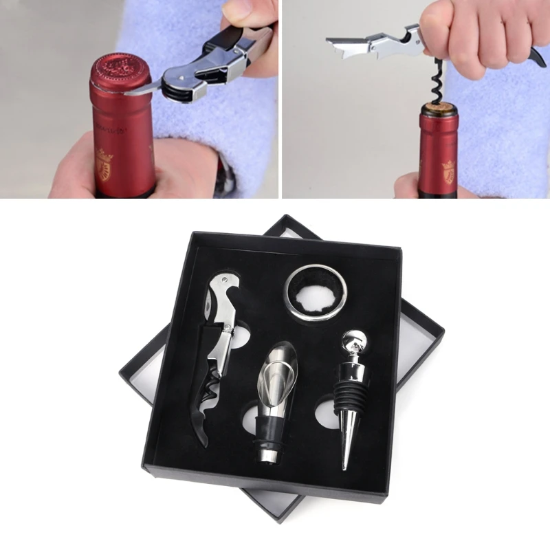 

4Pcs Stainless Steel Wine Tool Gift Set Bottle Opener Corkscrew Stopper Pourer