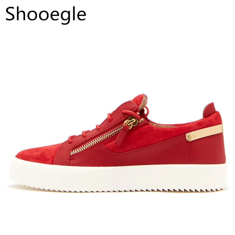 

Spring Red Leather and Suede Patchwork Men's Casual Shoes Metal Stud Lace Up Breathable Low top Shoes Male Fashion Sneakers