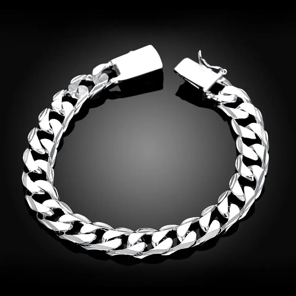 

New Fashion Jewelry 925 Sterling Silver 10 mm Square Buckle Sideways Chain Bracelet For Unisex Man Women Gift LL@17