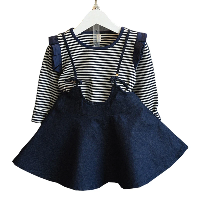 

Party Girls Dress Suit Autumn & Spring Striped Cotton  Long Sleeve Top+Denium Mini Suspender Skirt Set Little Princess Costume