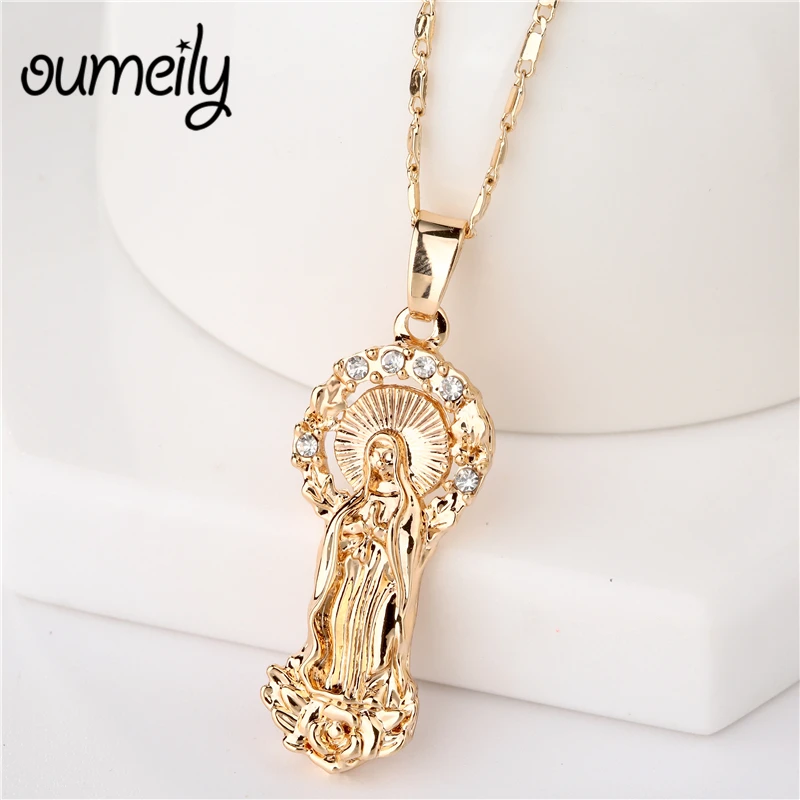 OUMEILY Jesus Mother Virgin Mary ожерелье богини католическая Подвеска для женщин рождественские подарки золотой цвет христианские ювелирные изделия
