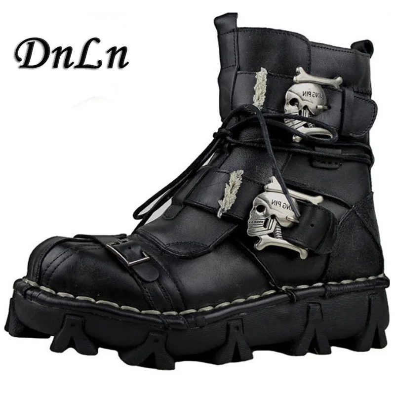 

Motorcycle Boots Retro Genuine Cow Leather Skull Punk Shoes Men Motorbike Biker Moto Boots Protective Gear Botas Moto