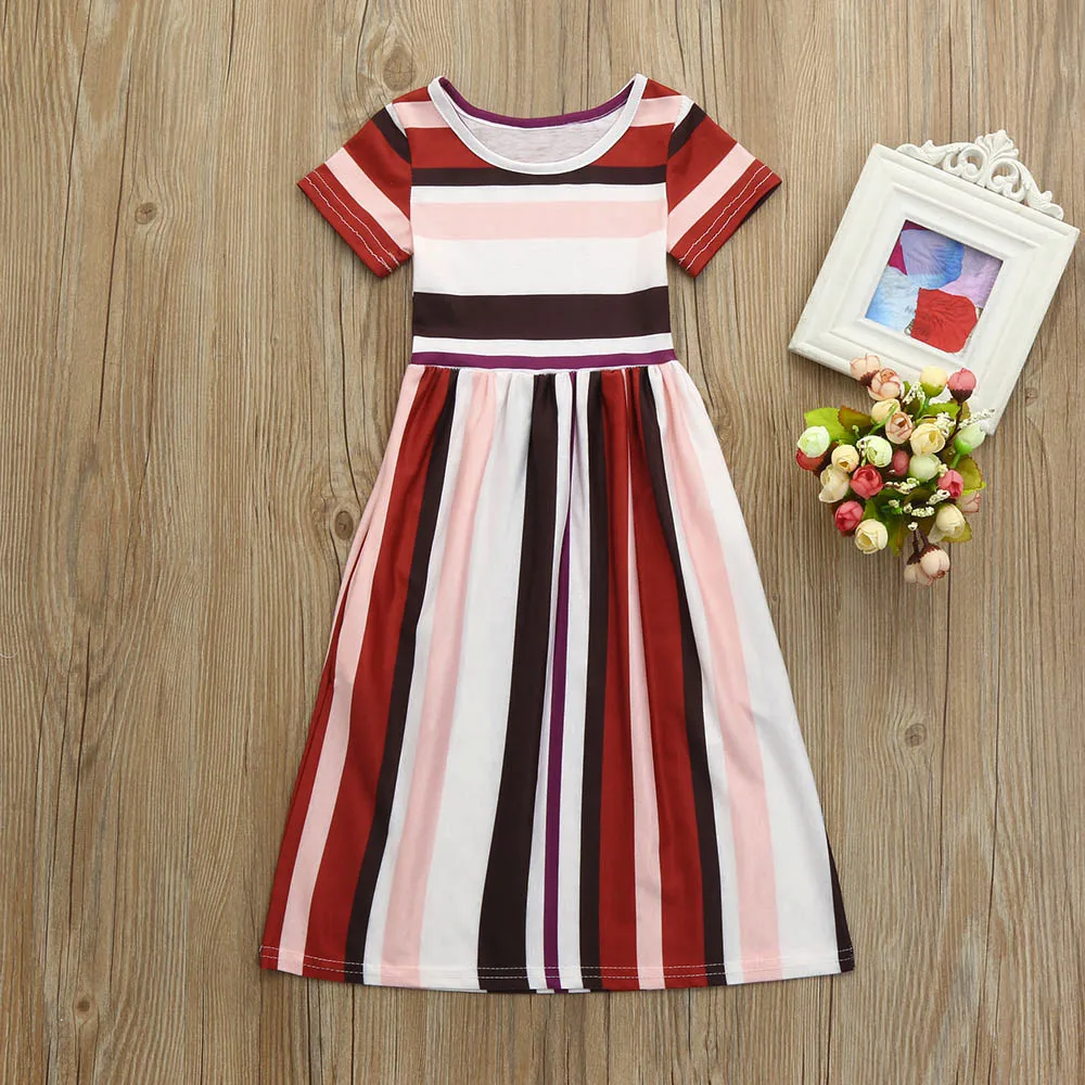 Летняя одежда; длинное платье в полоску для маленьких девочек; детская Праздничная пляжная одежда; платья в поп-стиле; vetement enfant fille