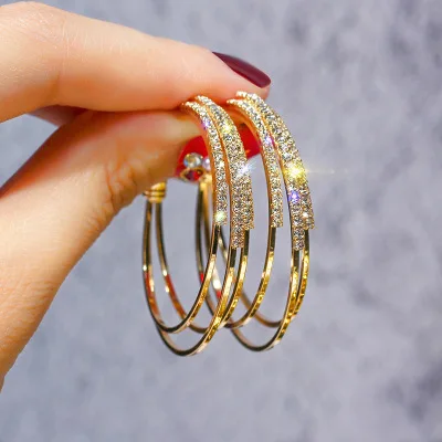 

925 silver needle exaggerated full drill geometry circle earrings Korea temperament joker C shape eardrop of ear ring