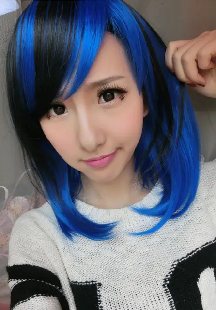 36cm Women S Girls Short Hair Wigs Blue Mixed Black Two Tone