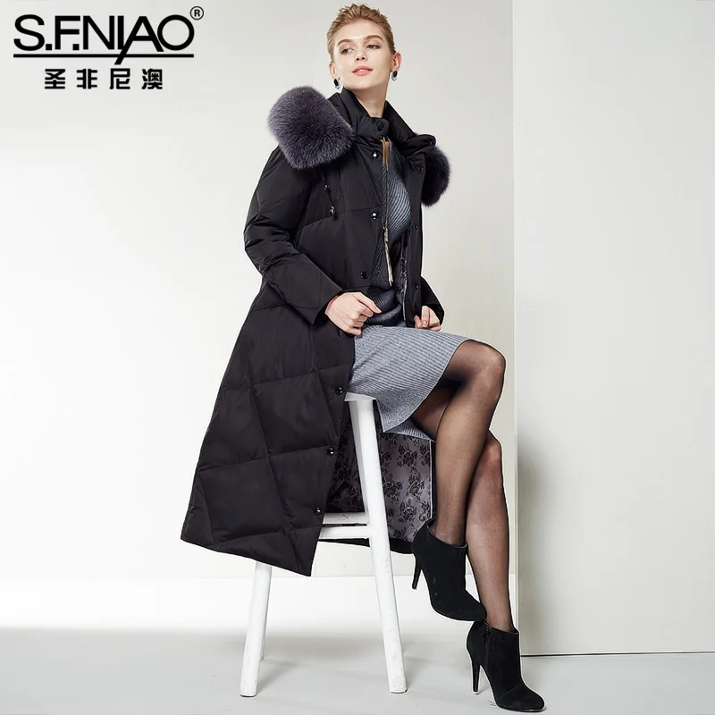 Long Down Jacket Female Knee Korean Slim Hooded Fox Fur