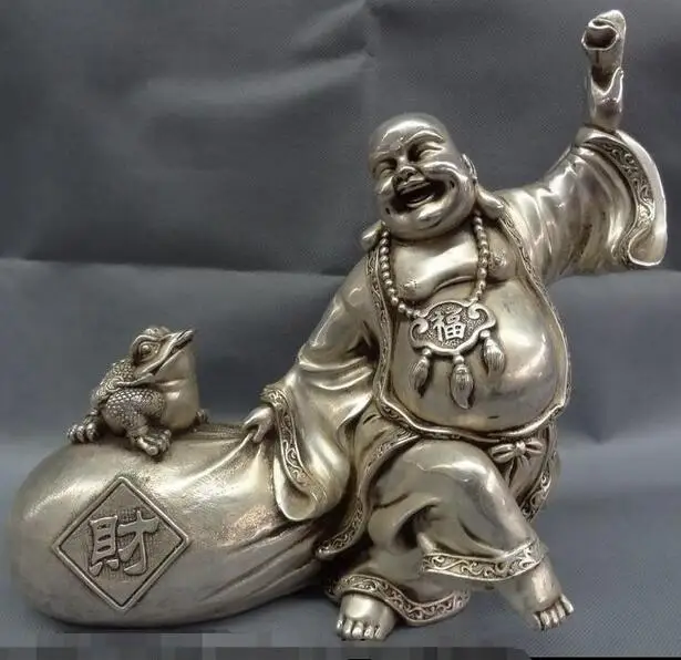 SHUN 14&quot Buddhism Silver Toad Happy Laughing Maitreya Buddha Money Bag Statue | Дом и сад