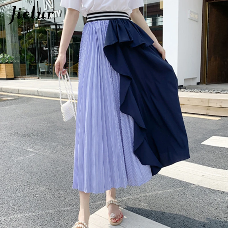 

Jielur Patchwork Skirts Womens Pleated Ruffers Elastic Charming Summer Skirt Hipster Black Europe Jupe Femme 2019 New Skirt