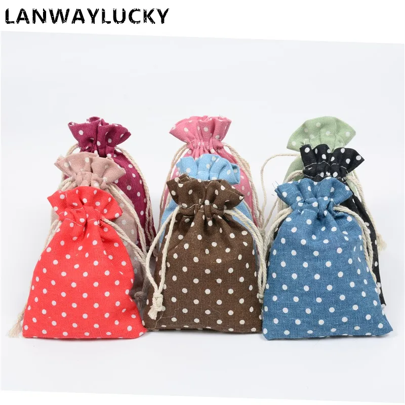 20pcs White Dot Cotton Burlap Drawstring Pouch Wedding Party Favor Pouches Candy Gift Bags 10*14cm 13*18cm Jewelry Packaging Jewelry Packaging