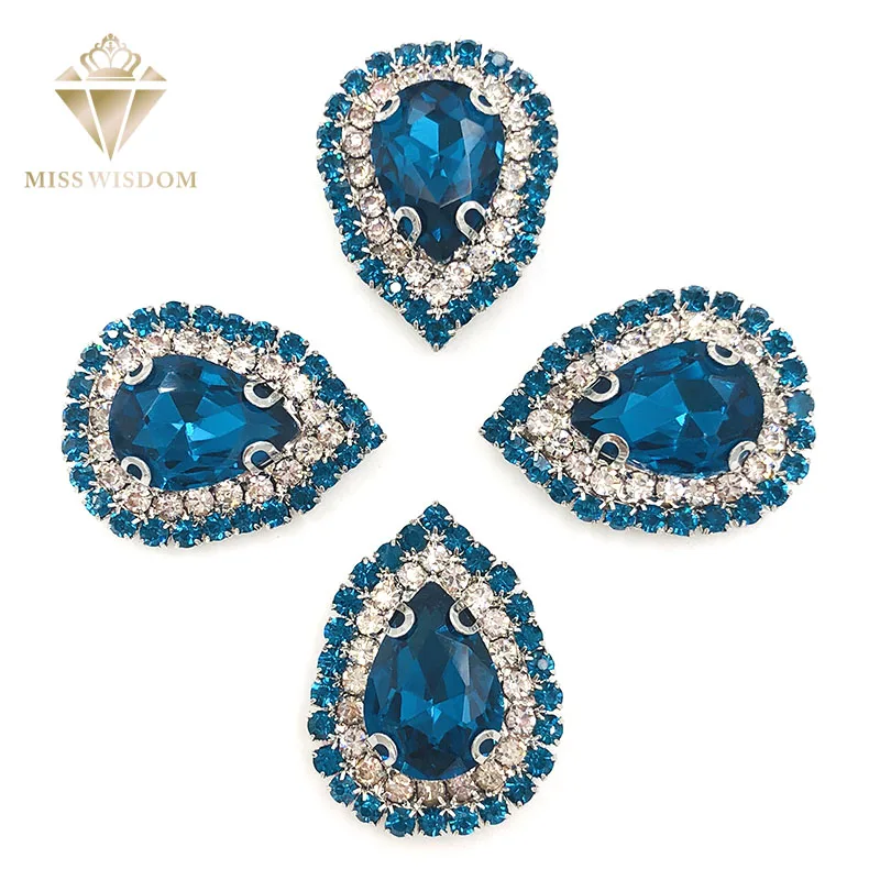 

10X14mm Peacock blue glass stass Double row chain Surrounding teardrop sew on rhinestones crystal buckle Diy jewelry accessories