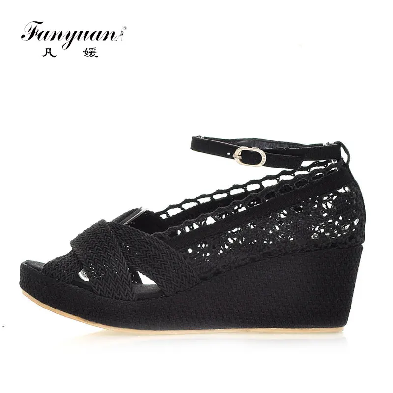

fanyuan Summer Large Size 34-43 Gladiator Ankle Strap Sandals Platform Breathable Lace Open Toe Med Wedges Women Shoes