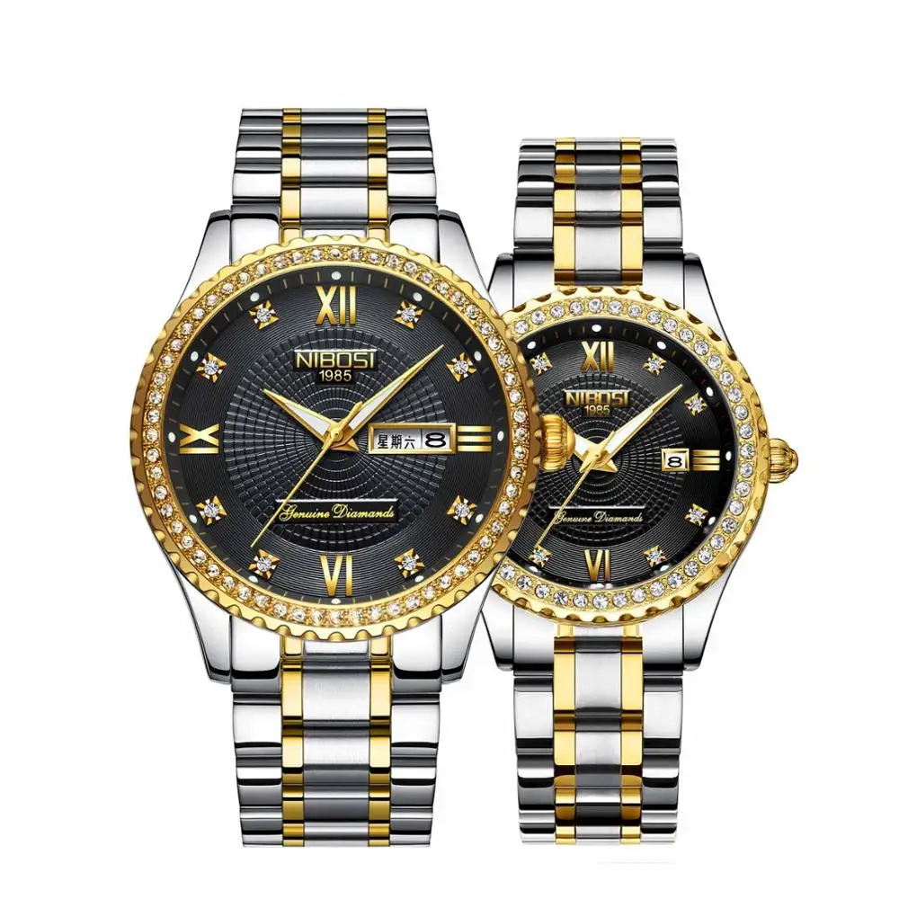 NIBOSI часы унисекс, часы для влюбленных, Лидирующий бренд, Роскошные мужские часы и часы, женские водонепроницаемые кварцевые наручные часы, женские часы с кристаллами - Цвет: silver gold black c