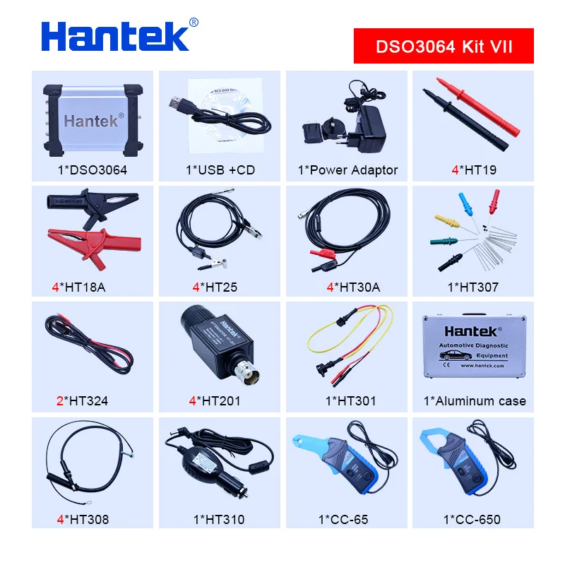 Hantek DSO3064 автомобильный осциллограф комплект для диагностики автомобиля 4 канала USB 2,0 200 мс/с 60 МГц счетчик Frenquency LAN опционально - Цвет: DSO3064 Kit VII