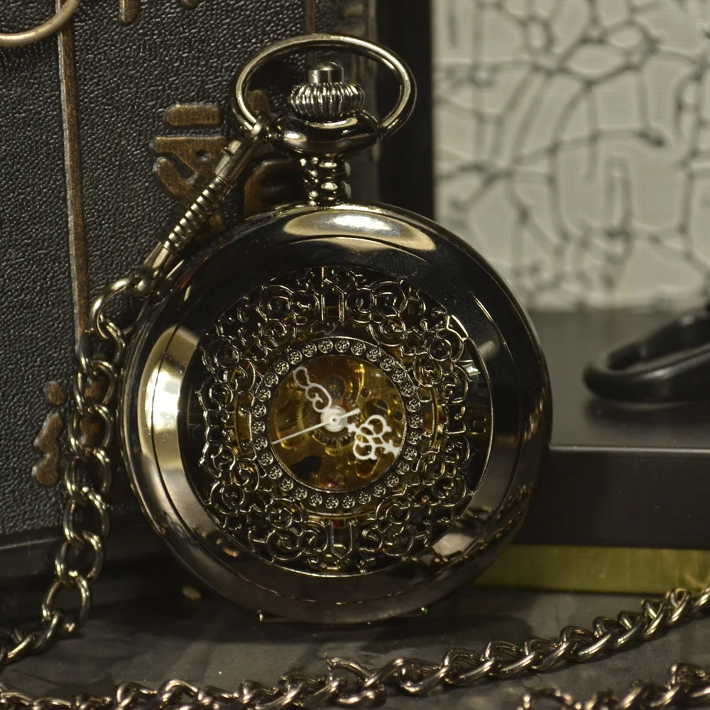 TIEDAN Black Skeleton Mechanical Pocket Watch Men Antique Luxury Brand Necklace Steampunk Pocket