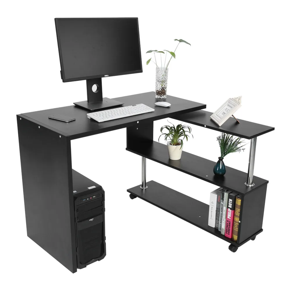 Вращающийся на 360 градусов угловой компьютерный офисный стол l-образный компьютерный стол с книжными полками домашний стол для ноутбука Белый Черный