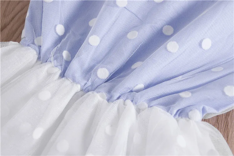 Новое летнее платье без рукавов для девочек милое кружевное платье в горошек синего цвета детская одежда Прямая, детское платье