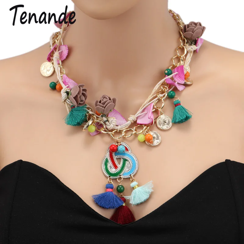 

Tenande Bohemian Tribal Jewelry Statement Cotton Shell Beads Flowers Coins Tassel Necklaces & Pendants for Women Maxi Jewelry